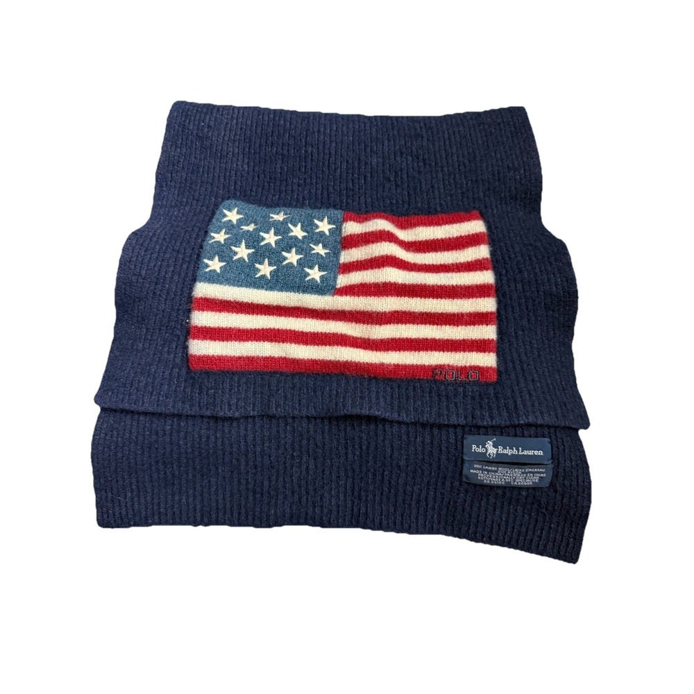 VINTAGE Polo Ralph Lauren Scarf USA Flag Wool Knit 90s Ski RL Sport